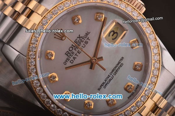 Rolex Datejust Swiss ETA 2836 Automatic Diamond Bezel with White MOP Dial and 18K Gold Strap - 1:1 Original - Click Image to Close